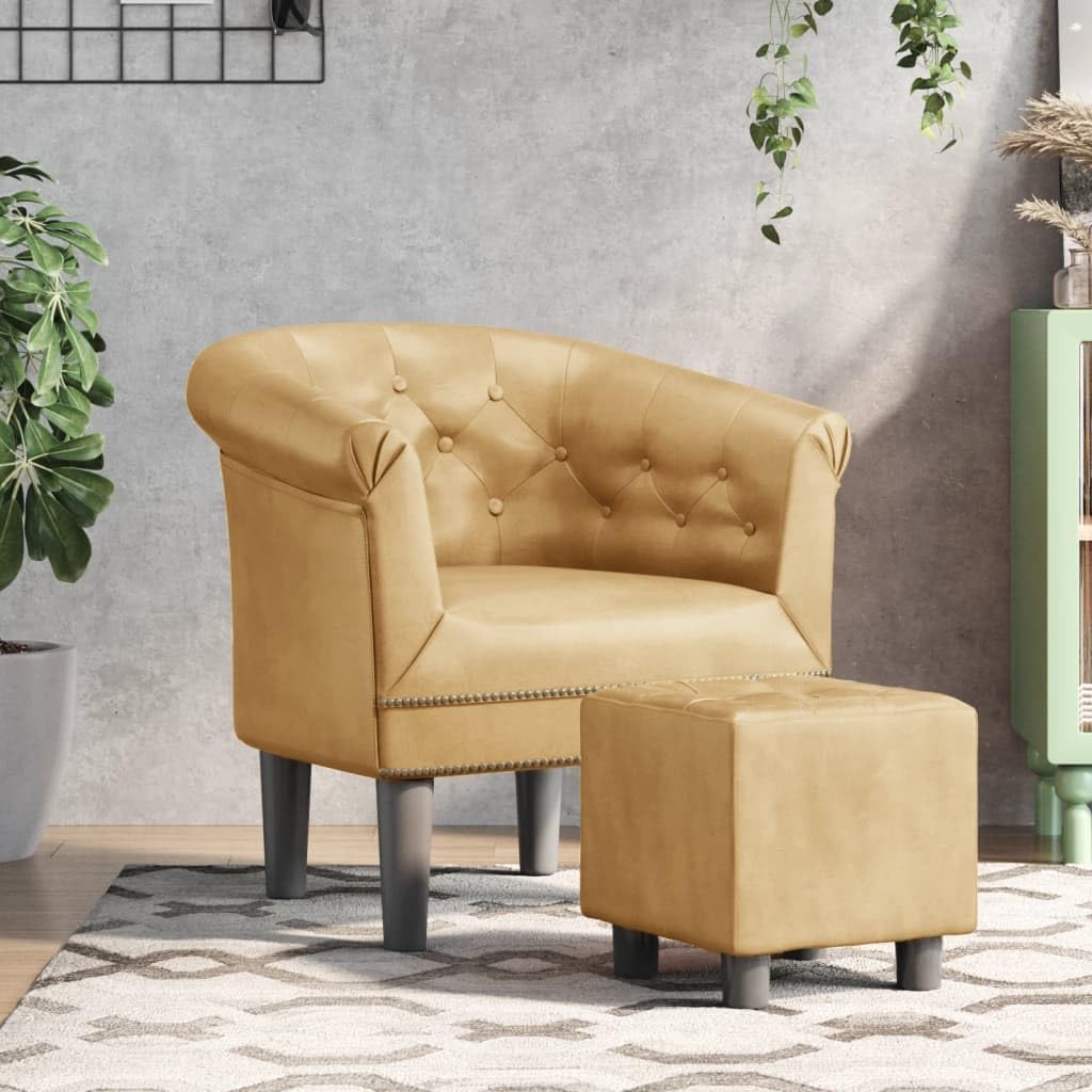 vidaXL Gold Faux Leather Tub Chair with Footstool for Living Room, Bedroom, Guest Room or Office - Easy-to-Clean, Durable and Comfortable Seating with Compact Design and Stylish Look
